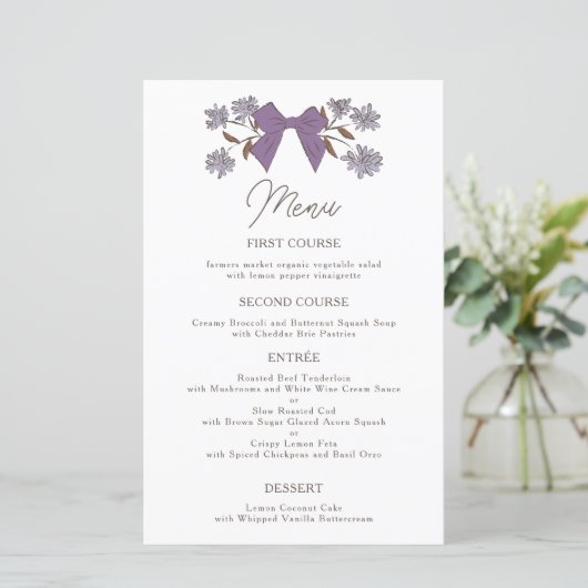 Lila Bows Flower Wedding Dinner Menu (Staand voorkant)