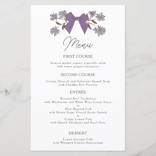 Lila Bows Flower Wedding Dinner Menu (Voorkant)
