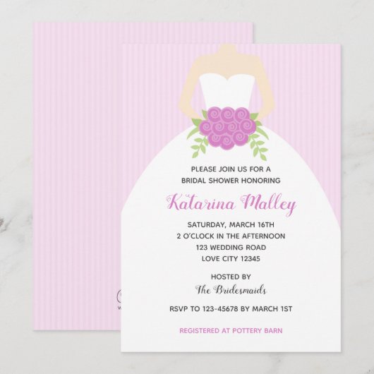 Lila bruidsdoucheuitnodigingen (trouwjurk) kaart (Voorkant / Achterkant)