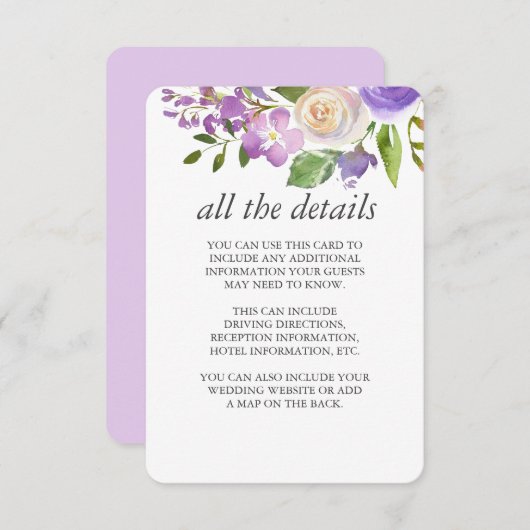 Lila | Chic Lavender Floral Wedding Guest Details Kaart (Voorkant / Achterkant)