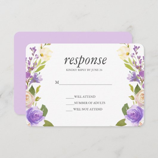 Lila | Chic Lavender Floral Wedding Rsvp response Kaart (Voorkant / Achterkant)