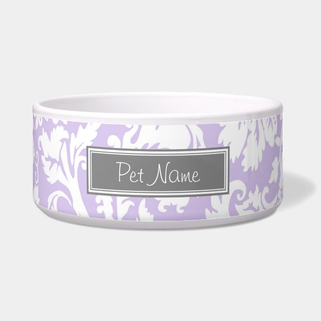 Lila Damask aangepaste naam Dog Bowl Voerbakje (Voorkant)