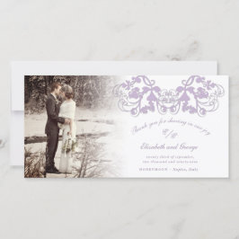 Lila Damask Floral Flourish Photo Wedding Bedankkaart