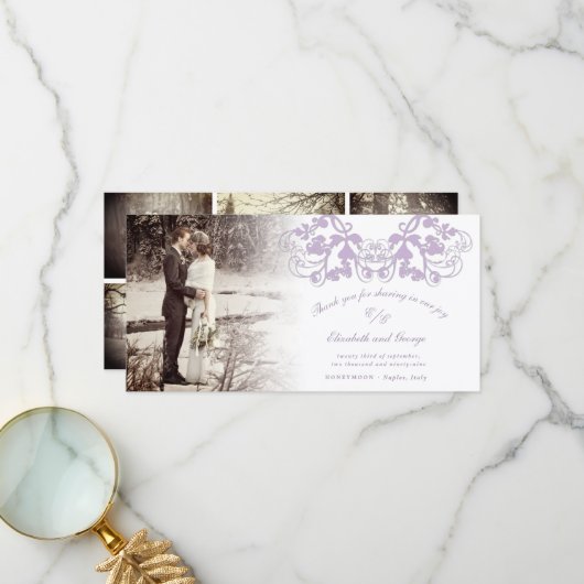 Lila  Damask Floral Flourish Photo Wedding Bedankkaart (Voorkant / Achterkant in situ)