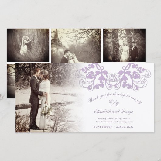 Lila Damask Floral Flourish Photo Wedding Bedankkaart (Voorkant / Achterkant)