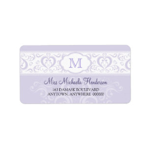 Lila Damask Monogram Adreslabel Etiket