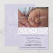 Lila Damask Monogram Baptism/Christening Kaart (Voorkant / Achterkant)