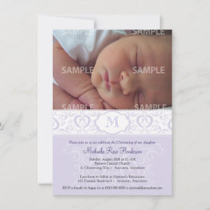 Lila Damask Monogram Baptism/Christening Kaart