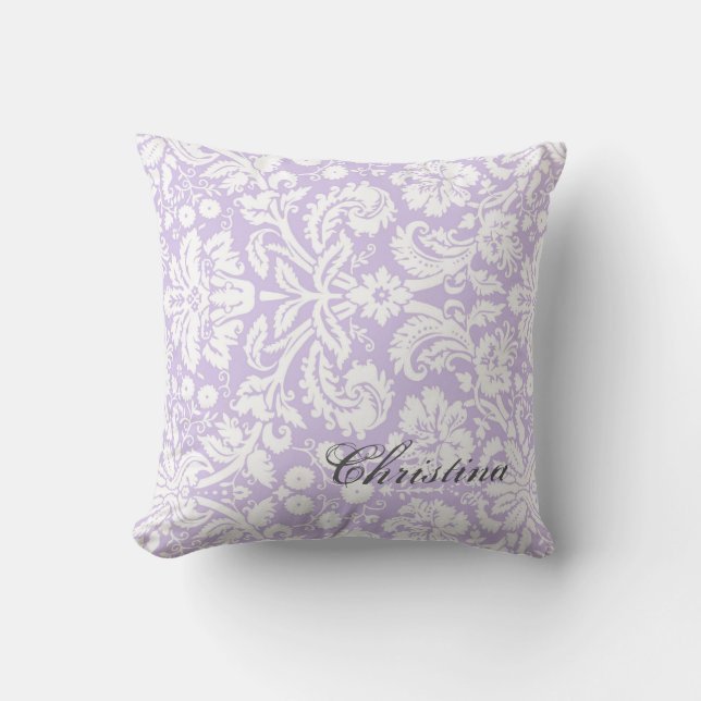 Lila Damask Pattern Monogram Pillow Kussen (Voorkant)