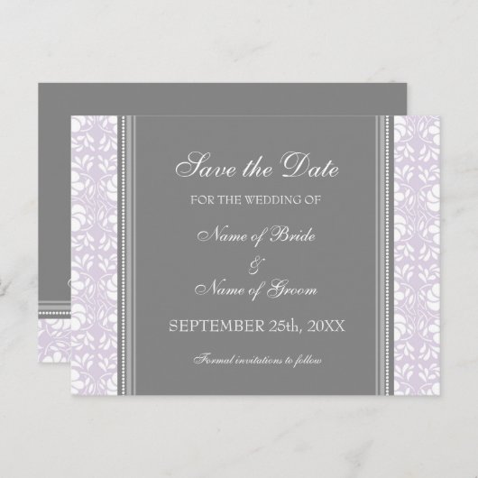 Lila Damask Save the Date Wedding Briefkaarten (Voorkant / Achterkant)