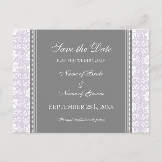 Lila Damask Save the Date Wedding Briefkaarten (Voorkant)