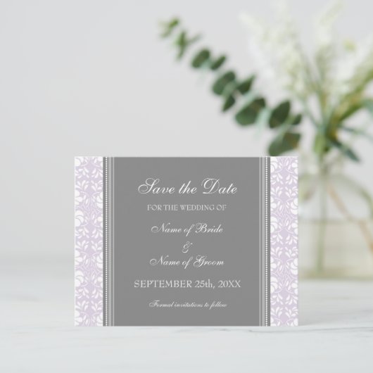Lila Damask Save the Date Wedding Briefkaarten (Staand voorkant)