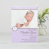 Lila Damast Cross Meisje Foto Doop Doop Kaart (Staand voorkant)