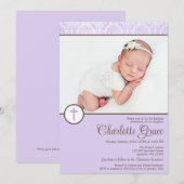 Lila Damast Cross Meisje Foto Doop Doop Kaart (Voorkant / Achterkant)