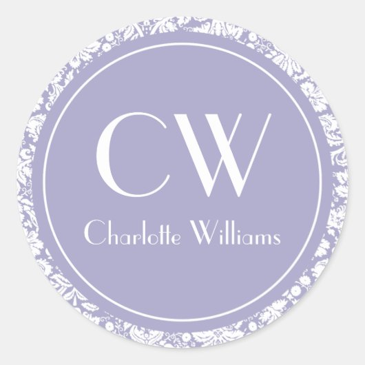 Lila damast monogram ronde sticker (Voorkant)