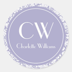 Lila damast monogram ronde sticker