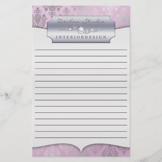 Lila Dashing Damask Lined Zakelijk Briefpapier (Voorkant)