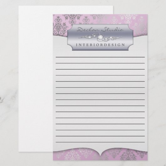 Lila Dashing Damask Lined Zakelijk Briefpapier (Voorkant / Achterkant)