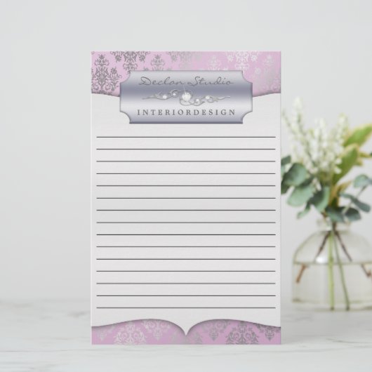 Lila Dashing Damask Lined Zakelijk Briefpapier (Staand voorkant)