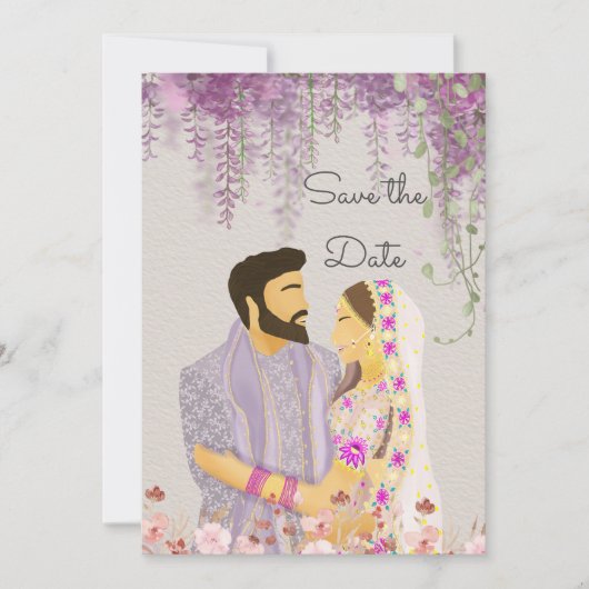 Lila Delight Indian Couple Illustratie Save The Date (Voorkant)