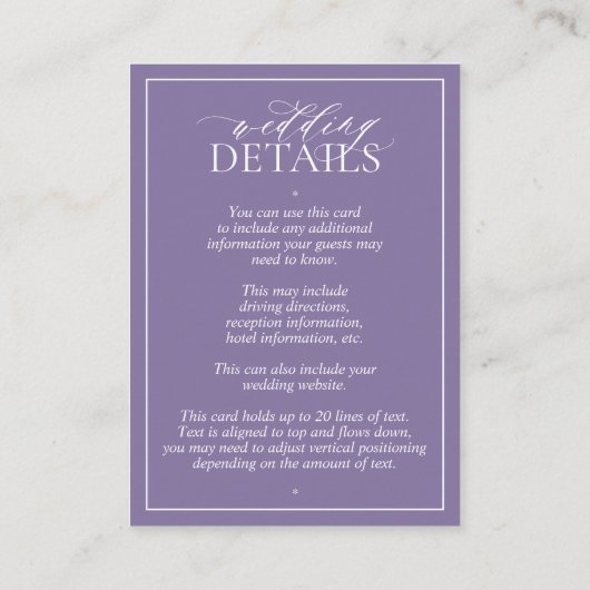 Lila details lavender Monogram Weddenschap Informatiekaartje (Achterkant)
