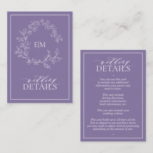 Lila details lavender Monogram Weddenschap Informatiekaartje (Voorkant / Achterkant)