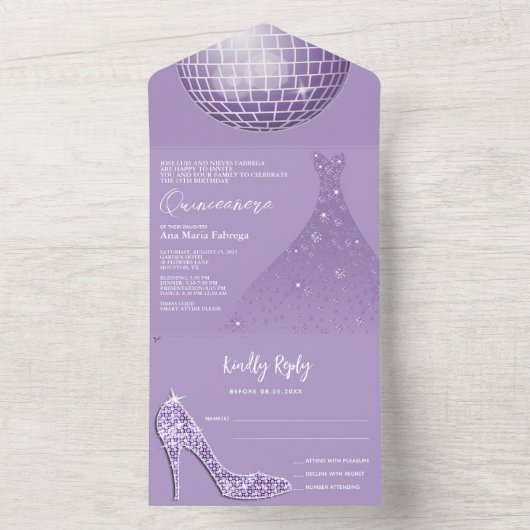 Lila Discobal, Stiletto & baljurk Quinceañera All In One Uitnodiging (Binnen)