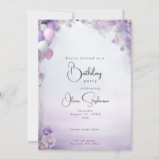 Lila Dromen Bloemenballonnen QR Verjaardag Kaart (Voorkant)