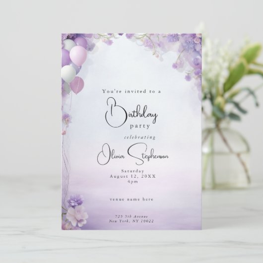 Lila Dromen Bloemenballonnen QR Verjaardag Kaart (Staand voorkant)