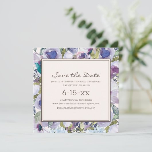 Lila Dusty Blue Boho Floral Wedding Save Date (Staand voorkant)