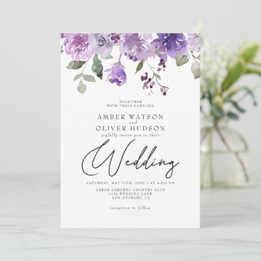 Lila Dusty Paars Mauve Floral Garden Wedding Kaart (Staand voorkant)