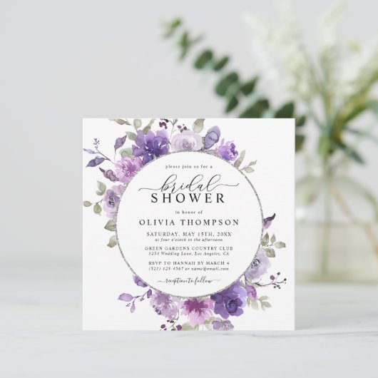 Lila DustyPurple Floral Silver Foil Vrijgezellenfe Kaart (Staand voorkant)