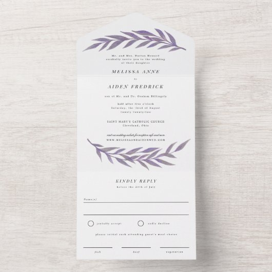 Lila eenvoudige tak Formele Verwoording Bruiloft All In One Uitnodiging (Binnen)