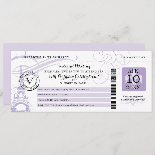 Lila Eiffeltorenavond in het verjaardagsfeest Kaart (Voorkant / Achterkant)