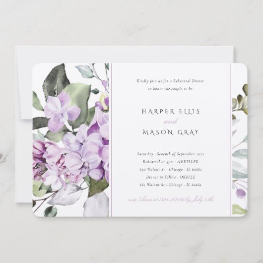 Lila Elegantie repetitie dineruitnodiging Kaart (Voorkant)