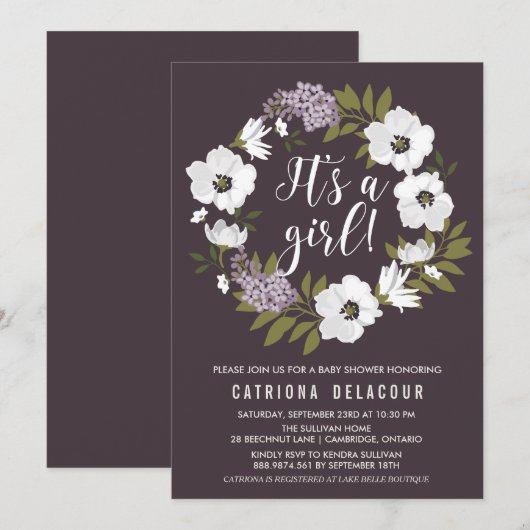 Lila en Anemone krans Het is een meisje Baby showe Kaart (Voorkant / Achterkant)