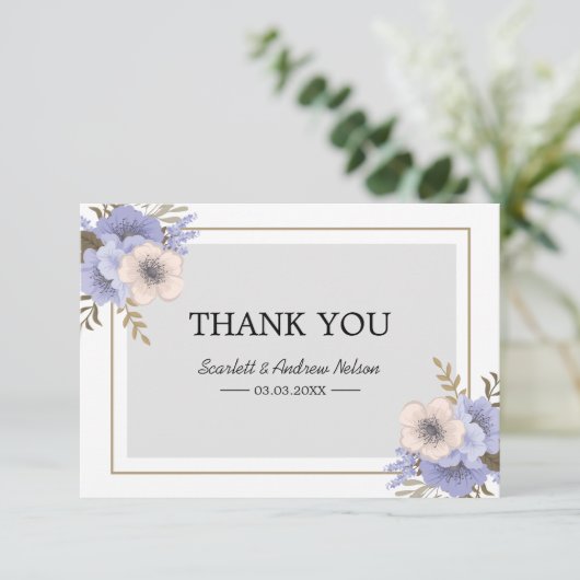 Lila en beige bloemen met dank bedankkaart (Staand voorkant)