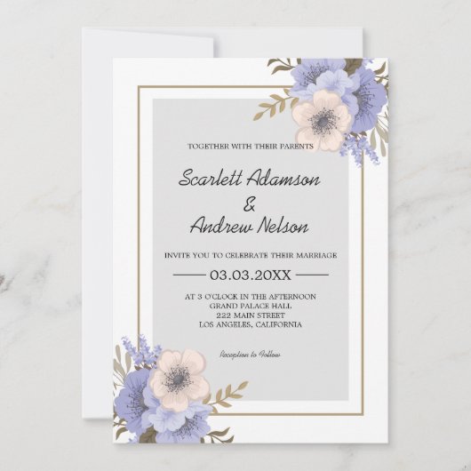 Lila en beige bloemenbruiloft kaart (Voorkant)