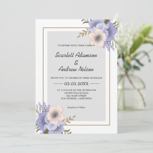 Lila en beige bloemenbruiloft kaart (Staand voorkant)