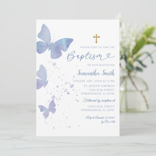 Lila en Blauwe Minimalistische Vlinderdoop Kaart (Staand voorkant)