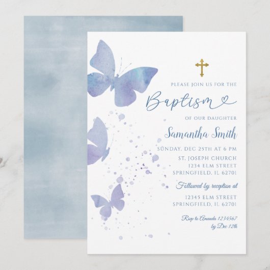 Lila en Blauwe Minimalistische Vlinderdoop Kaart (Voorkant / Achterkant)