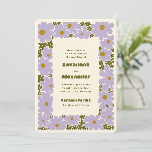 Lila en bosgroen Groovy Blooms Boho Wedding Kaart (Staand voorkant)