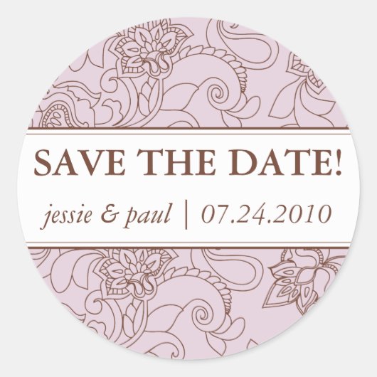 Lila en Bruin Paisley Save the Date Sticker (Voorkant)