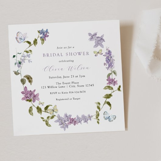 Lila en Butterflies Bridal Shower Invitation Kaart
