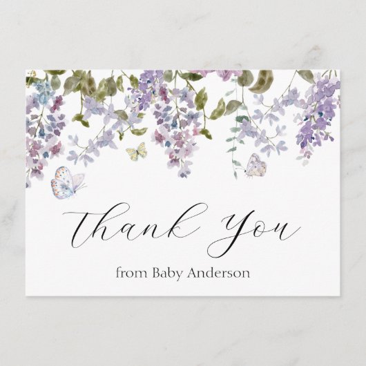 Lila en Butterflies Shower Dank u Noteer Kaart Notitiekaartje (Voorkant)