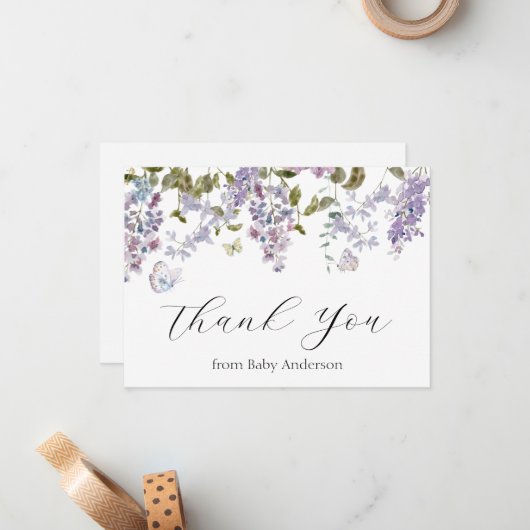 Lila en Butterflies Shower Dank u Noteer Kaart Notitiekaartje (Voorkant / Achterkant in situ)