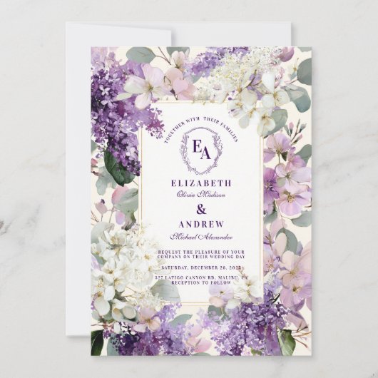Lila en Cream Garden Bloemen bruiloft Kaart (Voorkant)