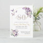 Lila en gouden bloemen 80e verjaardagsfeest kaart (Staand voorkant)