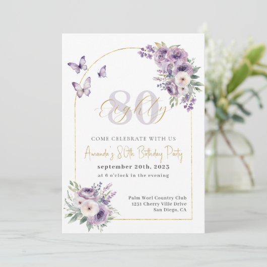 Lila en gouden bloemen 80e verjaardagsfeest kaart (Staand voorkant)