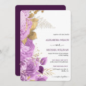 Lila en goudfloral Elegant Wedding Invitation Kaart (Voorkant / Achterkant)